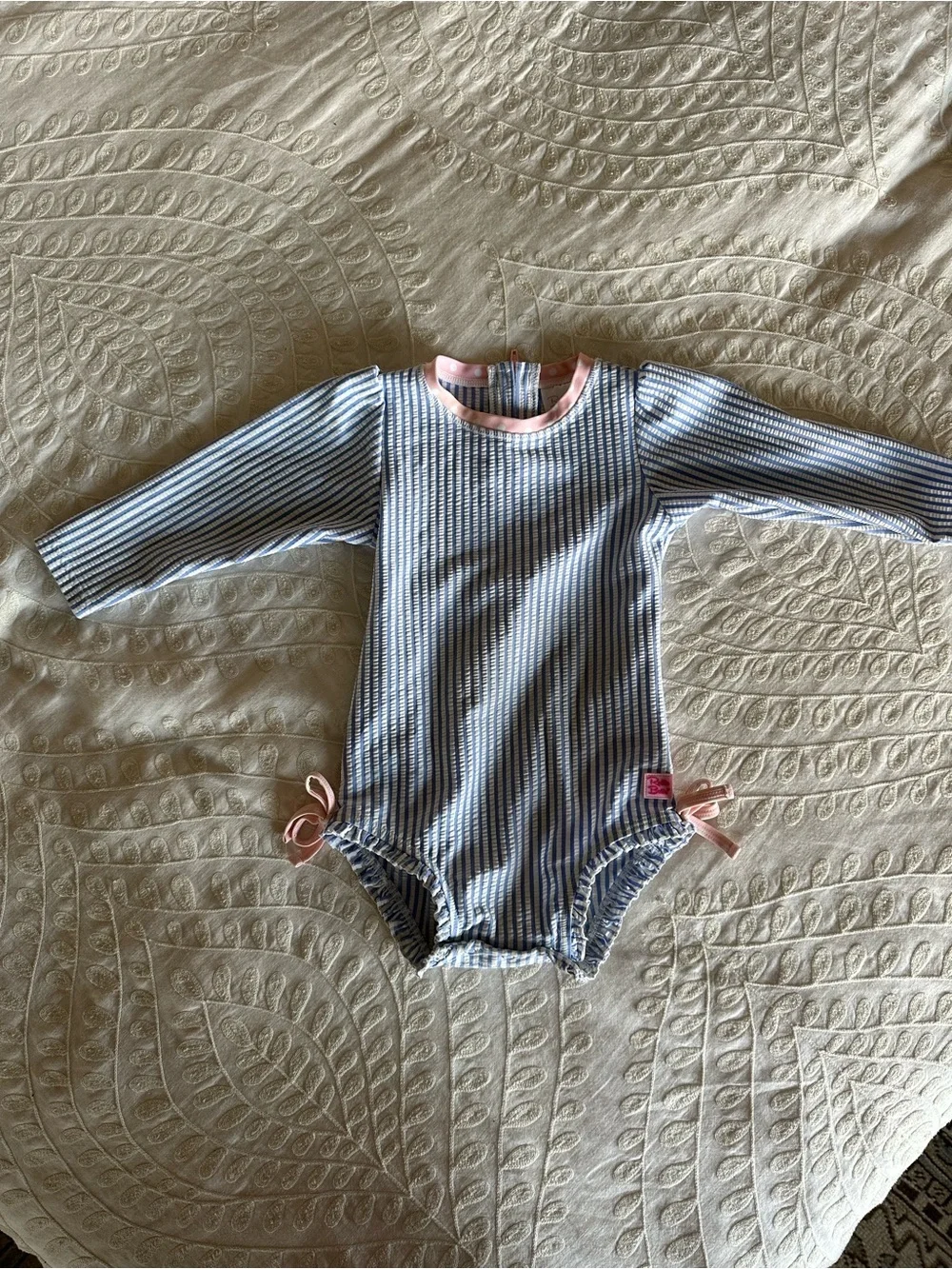 Ruffle Butts Girls Blue & White Striped One-Piece Rash Guard Swimsuit Pink Trim